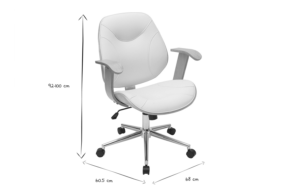 Chaise de bureau � roulettes design blanc, bois clair et acier chrom� YORKE