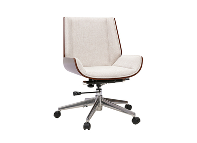 Chaise de bureau &agrave; roulettes design en tissu effet velours textur&eacute; beige, bois fonc&eacute; et acier chrom&eacute; CURVED