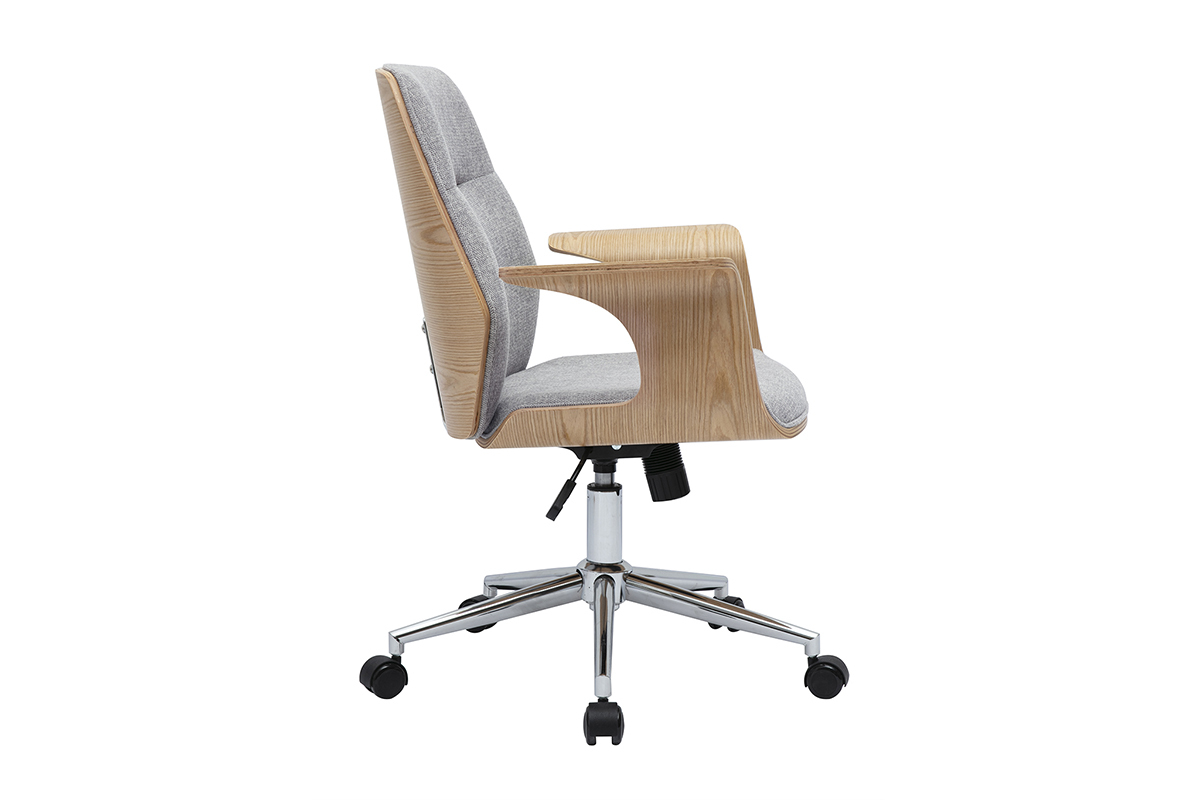 Chaise de bureau grise, accoudoirs bois, vue de profil, base acier chrom�.