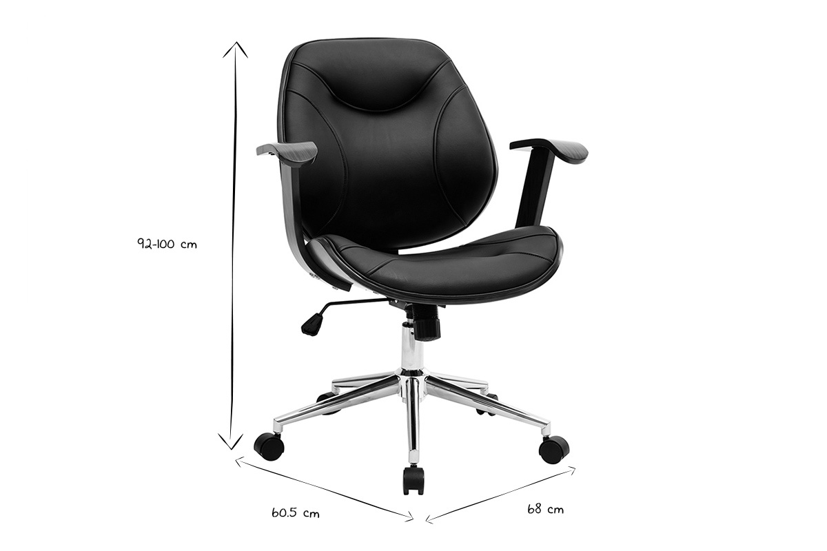 Chaise de bureau � roulettes design noir, bois fonc� noyer et acier chrom� YORKE