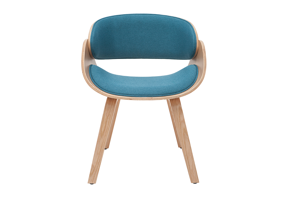 Chaise design en tissu bleu canard et bois clair BENT