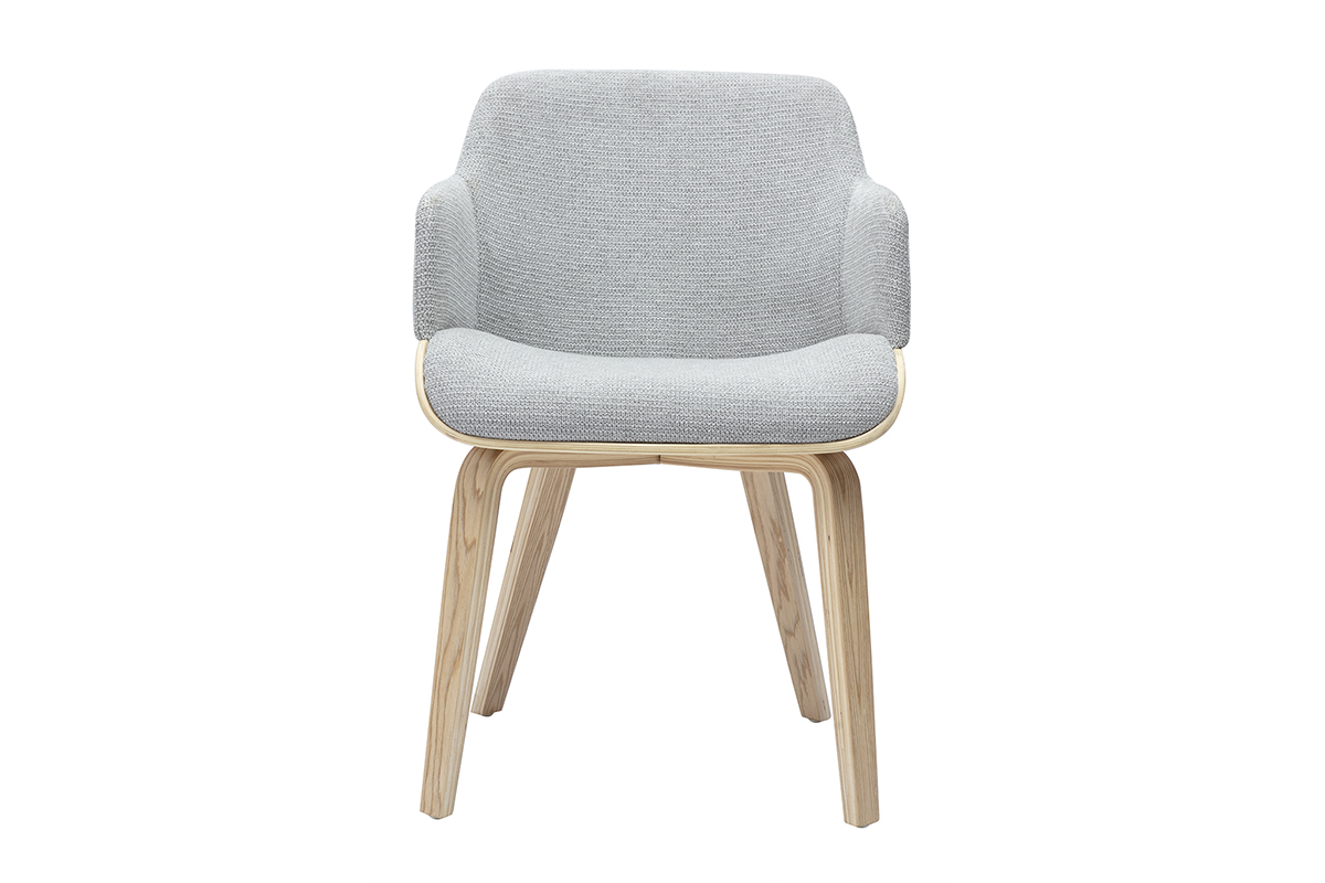 Chaise en tissu gris chenille et bois clair EARL, vue de face.