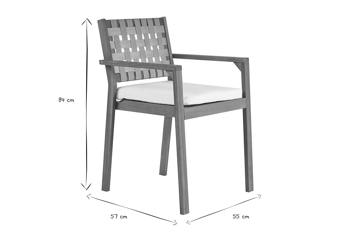 Dimensions des chaises SANTANA : hauteur 84 cm, largeur 55 cm, profondeur 57 cm en noir et blanc.