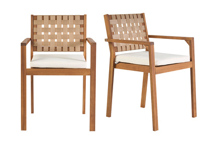 Chaises de jardin empilables en bois massif avec coussin blanc et sangles beiges (lot de 2) SANTANA