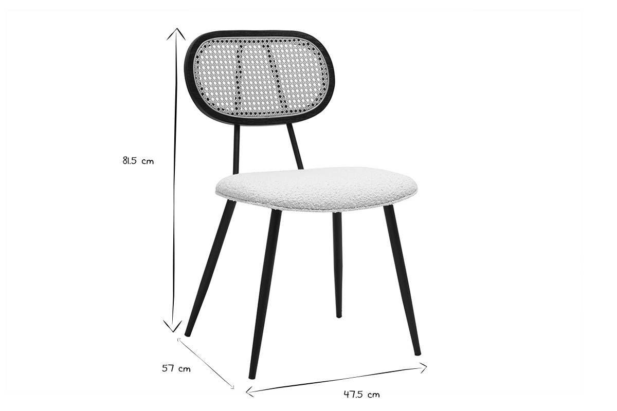 Chaise design en noir et blanc avec dimensions, dossier en cannage rotin, assise en tissu effet laine boucl�e.