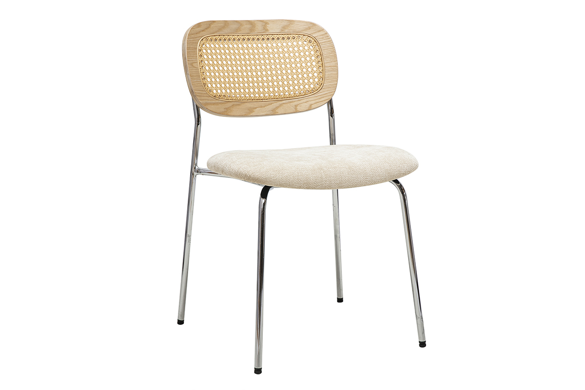 Chaise Miranda beige avec assise velours, dossier cannage rotin et pieds chrom�s, vue de 3/4.