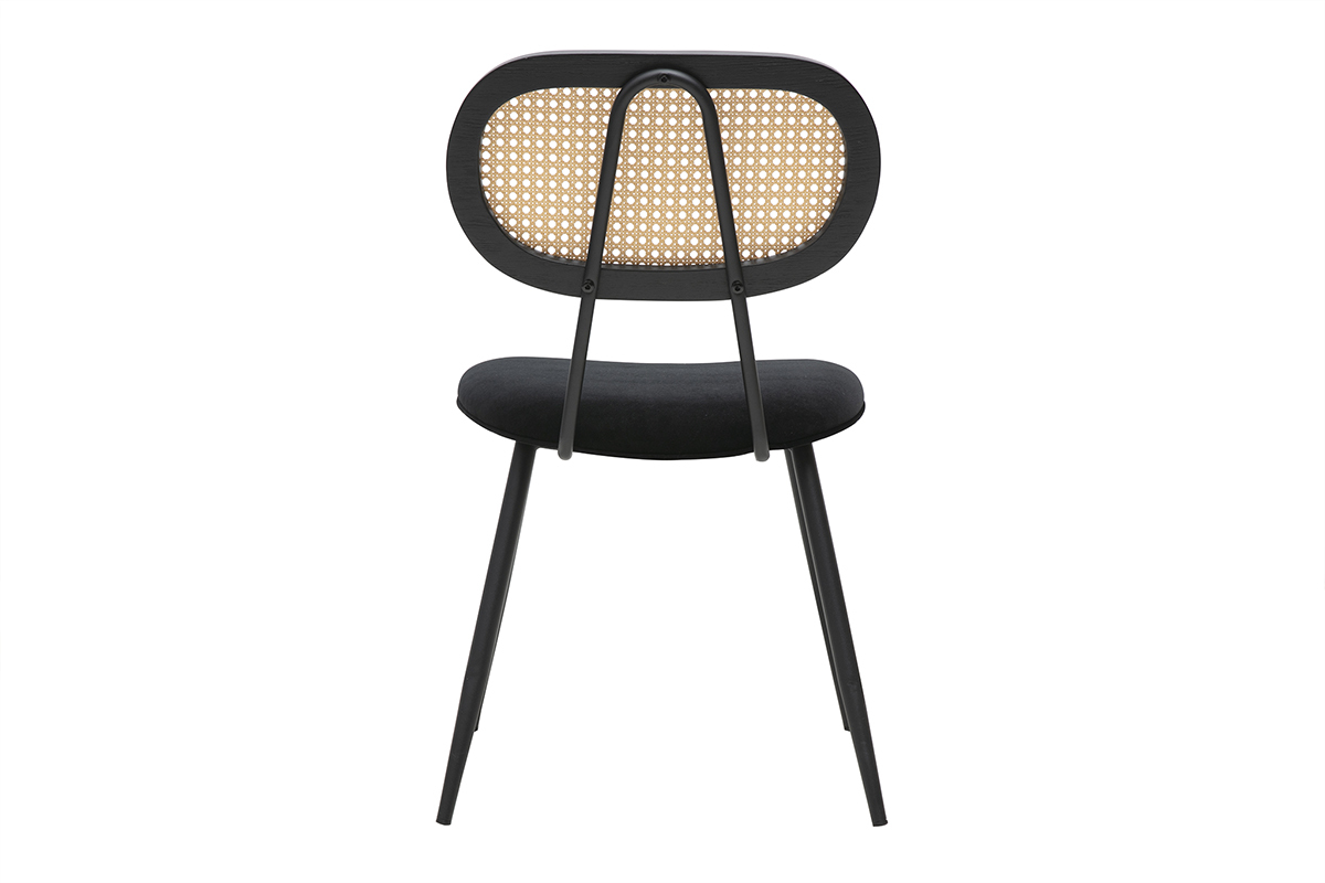 Chaise design noire en velours et rotin vue de dos, structure en m�tal noir.