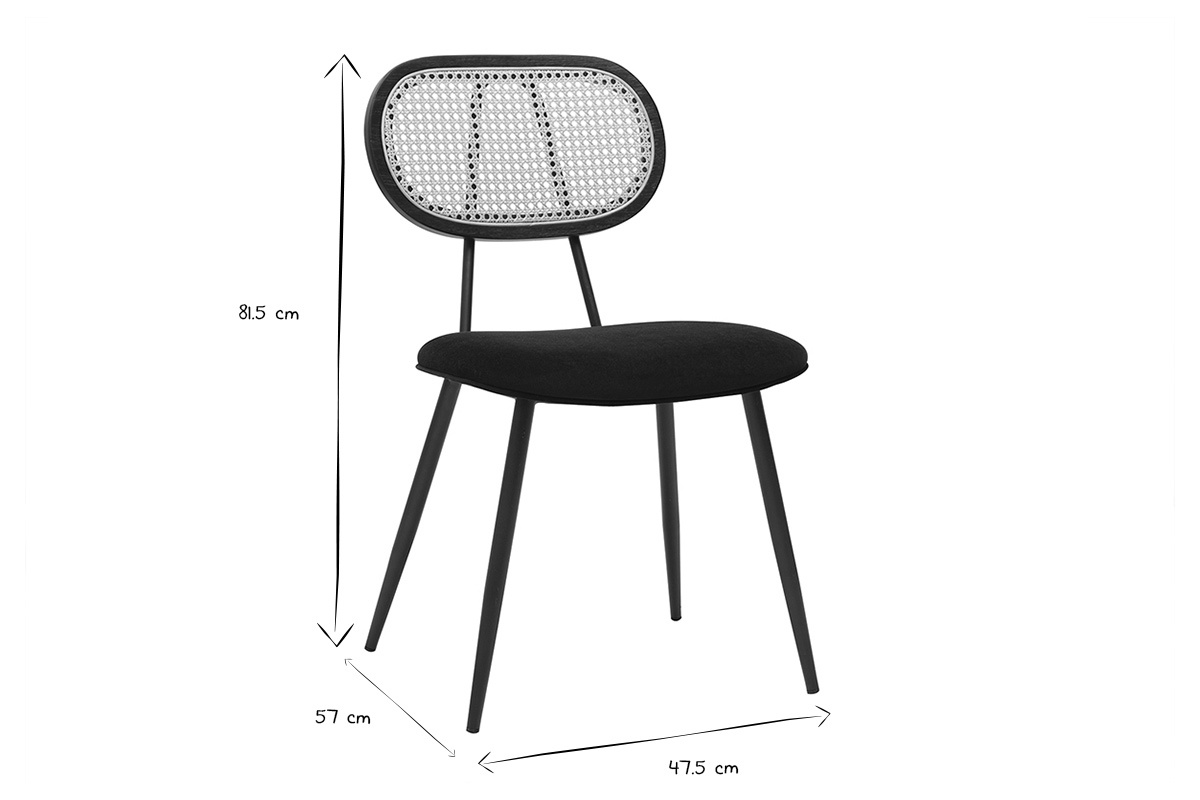Chaise noire en velours et rotin avec dimensions, vue de profil.
