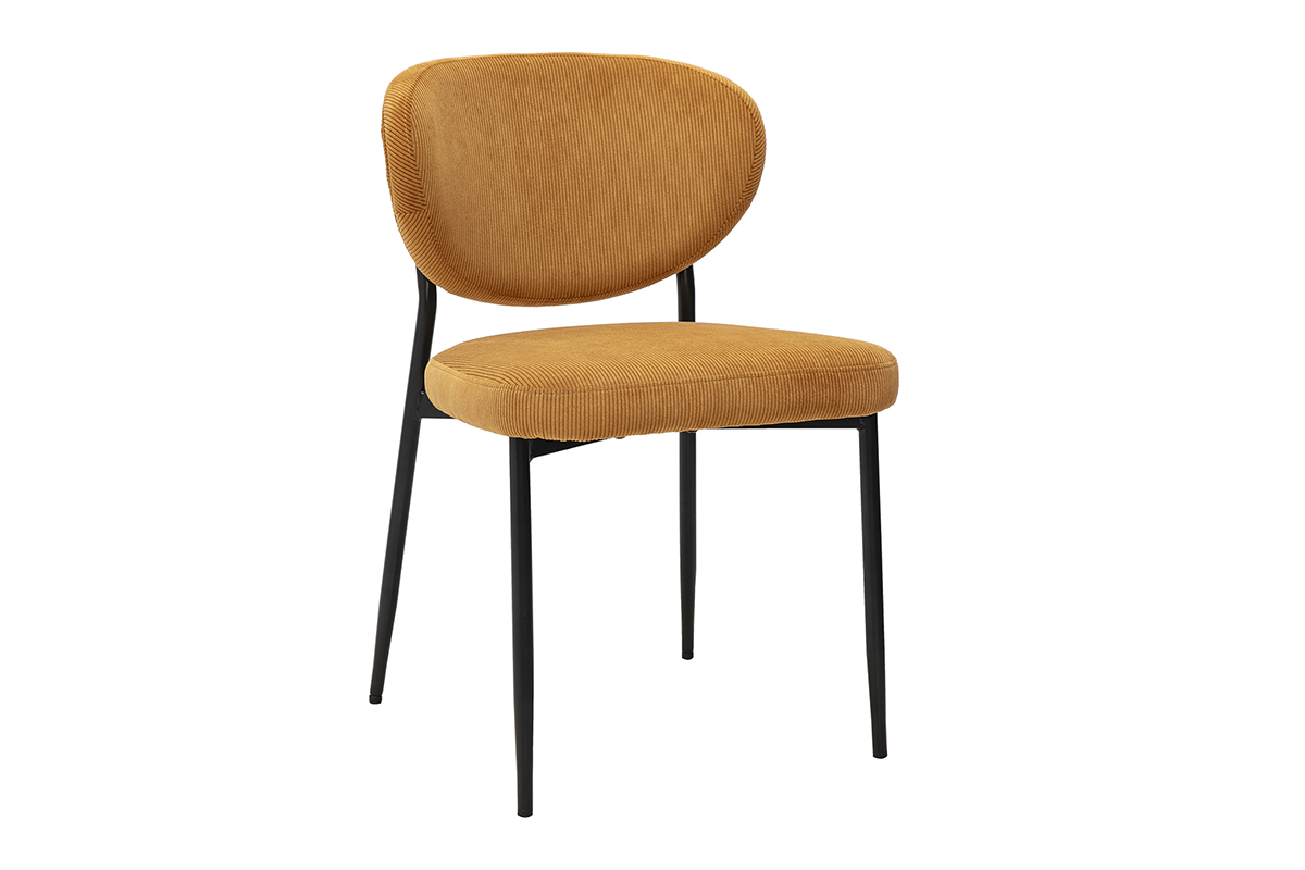 Chaise en velours c�tel� jaune curry avec pieds en m�tal noir, vue de trois quarts.
