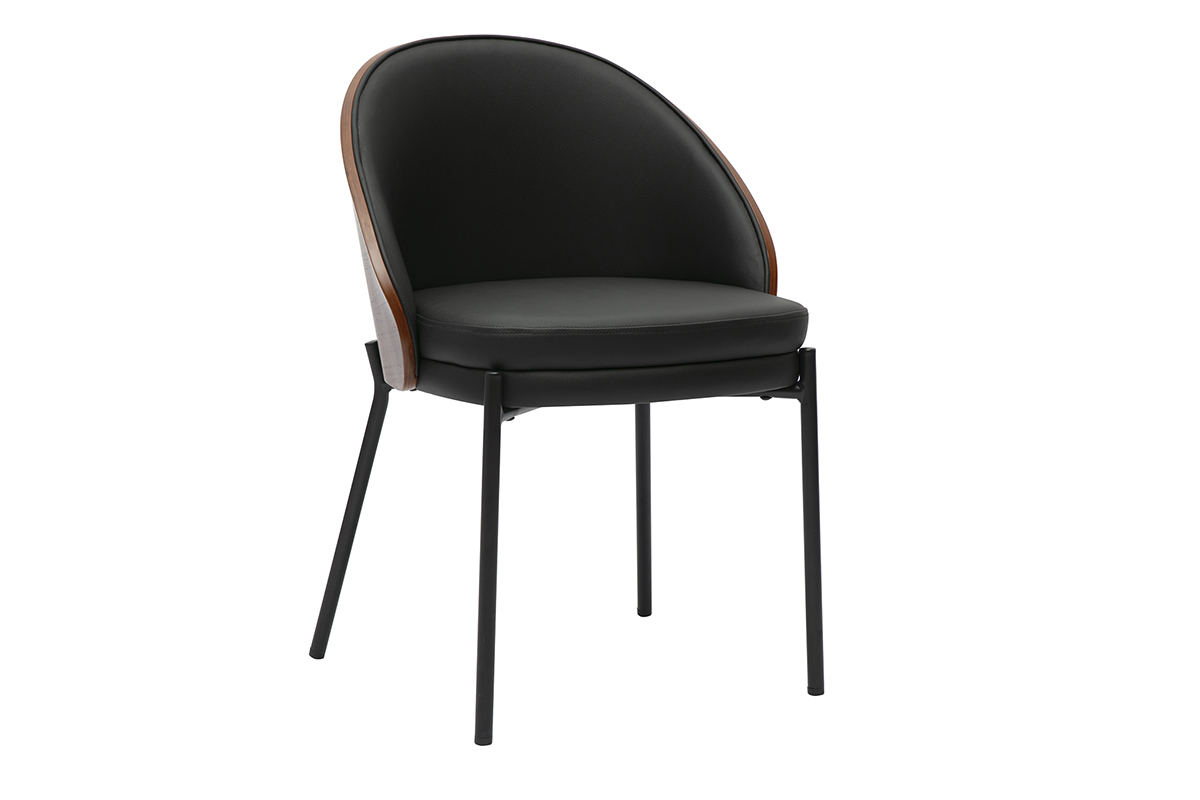 Chaise Tucson, assise noire, dossier bois fonc�, pi�tement m�tal noir, vue de 3/4.