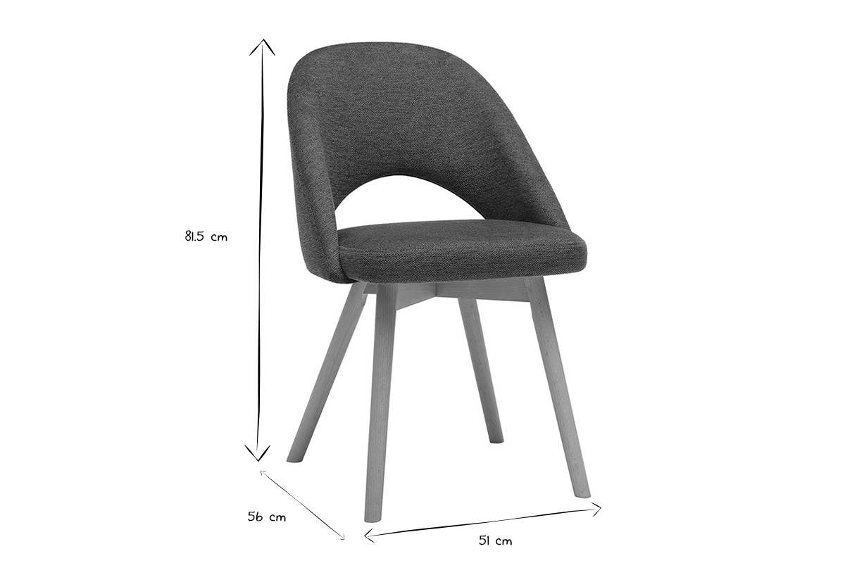 Dimensions des chaises scandinaves en tissu, vue de profil, en noir et blanc.