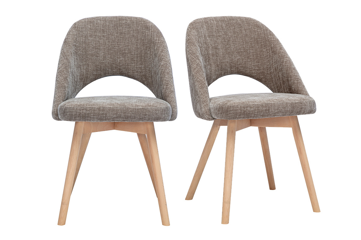 Chaises scandinaves en tissu velours taupe avec pieds en bois clair, lot de 2, vue de face.