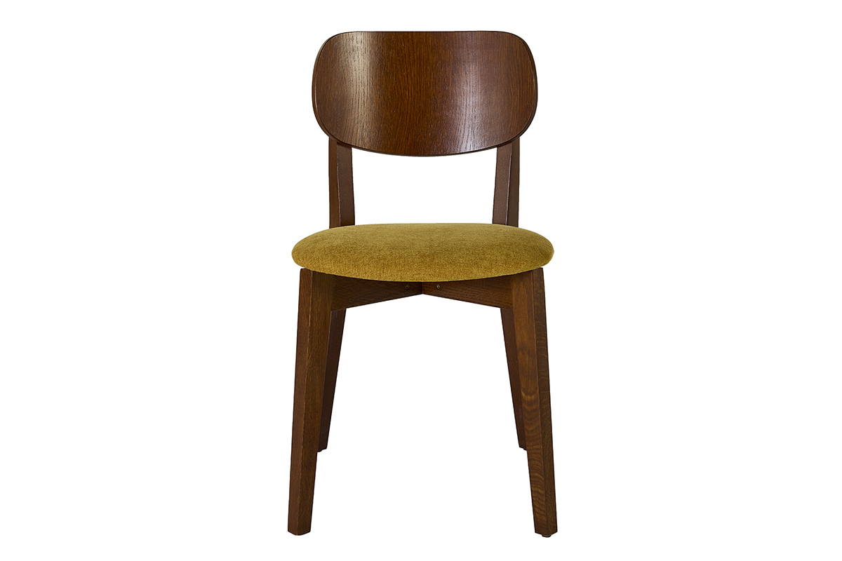 Chaise vintage LUCIA en bois fonc� avec assise en velours jaune moutarde, vue de face.