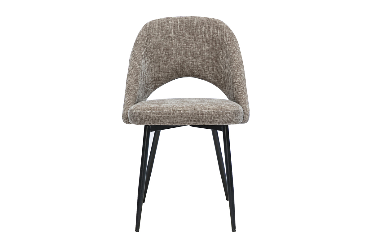 Chaise vintage COSETTE taupe en tissu effet velours textur� avec pieds en m�tal noir vue de face.