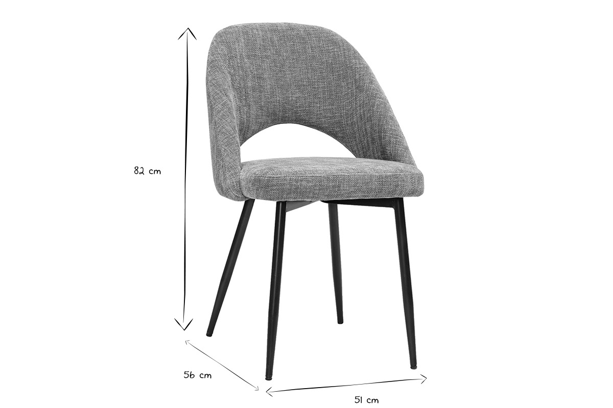 Chaise vintage en tissu noir et blanc avec dimensions : H82 cm, L56 cm, P51 cm.