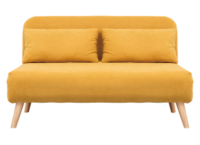Chauffeuse 2 places convertible en tissu effet velours moutarde et bois clair AMIKO