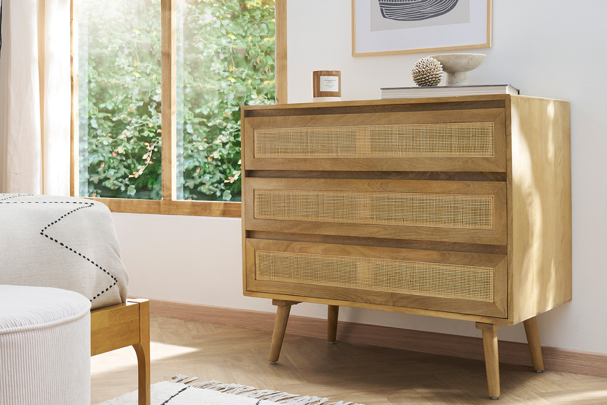 Commode en bois manguier massif et cannage rotin 3 tiroirs L90 cm ACANGE