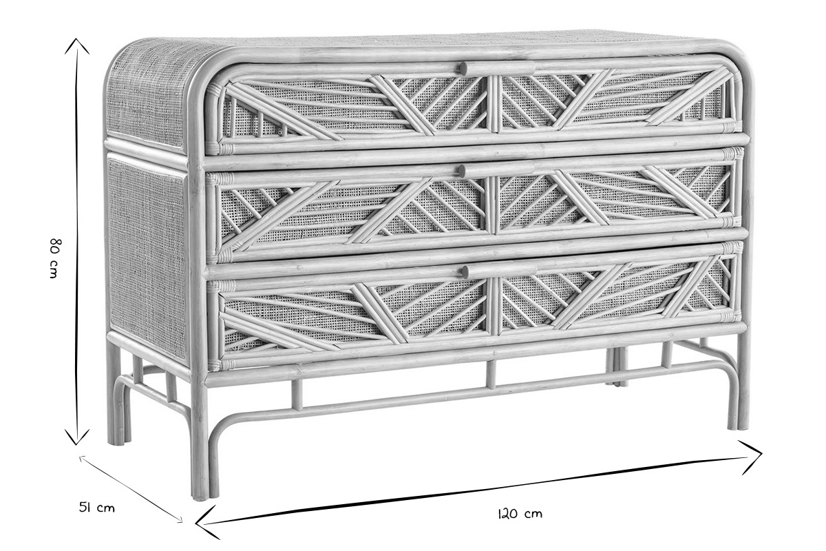 Commode vintage en rotin 3 tiroirs, dimensions L120 x P51 x H80 cm, vue de trois quarts, en noir et blanc.