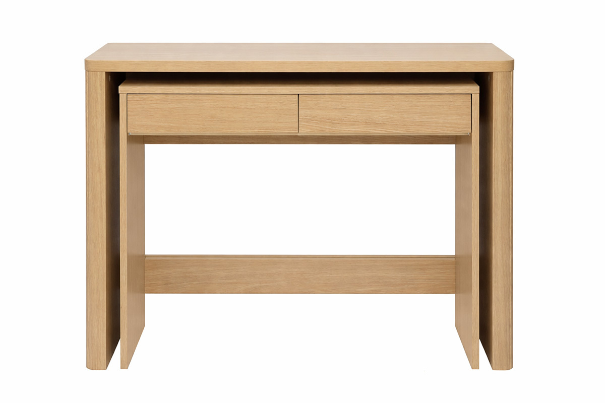 Console bureau d'appoint ENOLA en bois clair ch�ne avec deux tiroirs, vue de face.