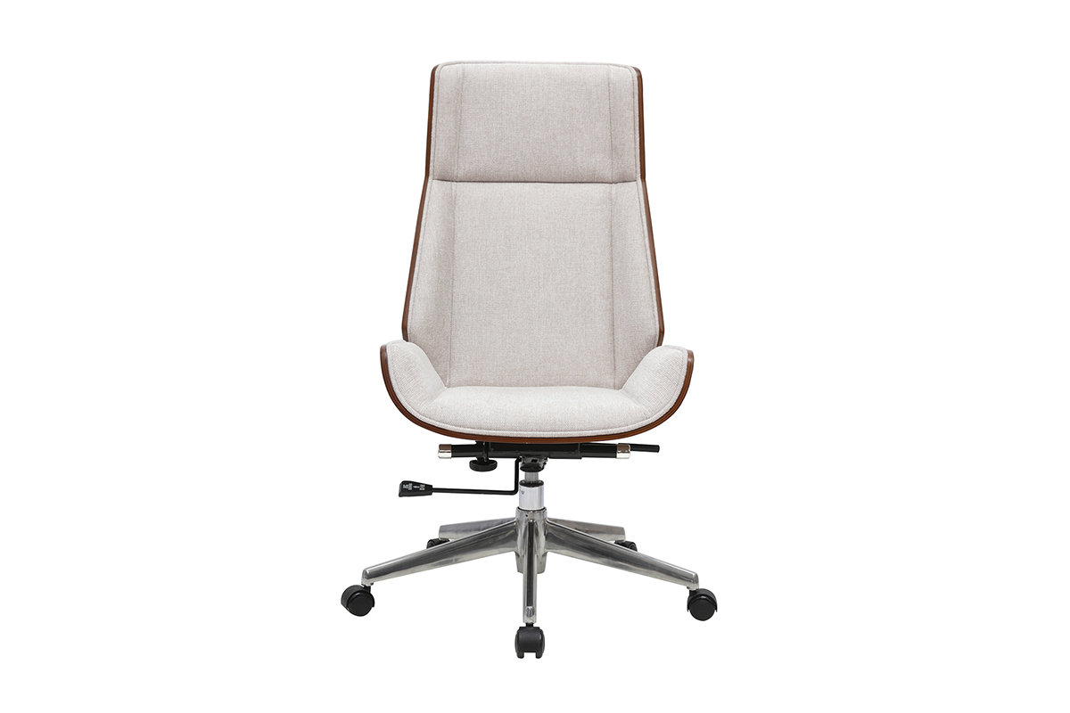 Fauteuil de bureau beige en tissu velours avec structure en bois fonc�, de face.