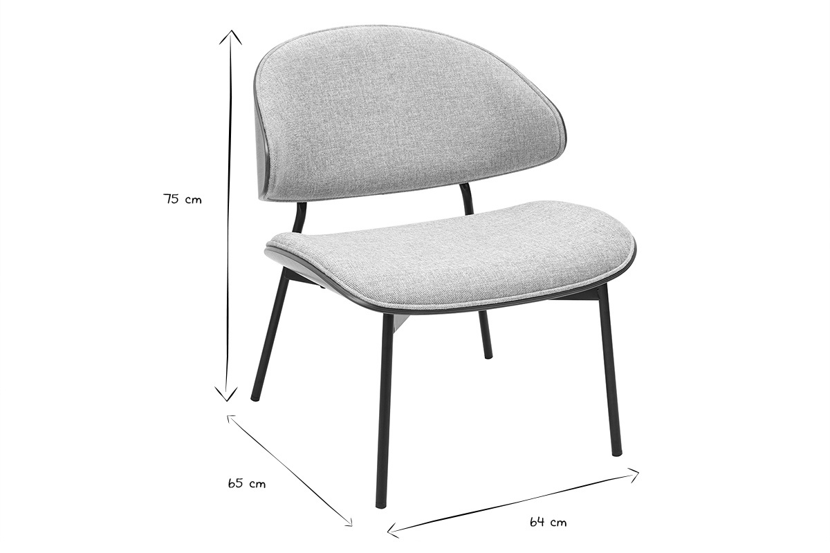 Fauteuil gris avec dimensions L64 x P65 x H75 cm en noir et blanc.
