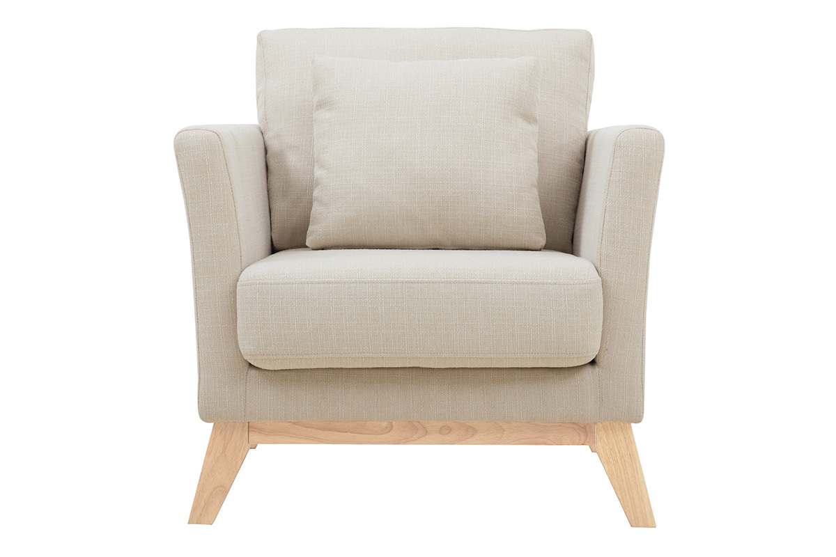 Fauteuil scandinave d�houssable en tissu beige avec coussin, pi�tement en bois clair, vue de face.