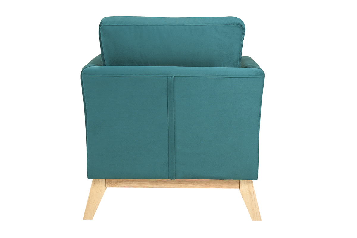 Fauteuil scandinave bleu p�trole en vue arri�re, bois clair, dos rectangulaire.