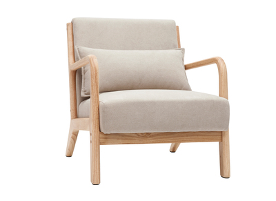 Fauteuil scandinave en tissu effet velours beige et bois clair massif DERRY