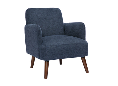 Fauteuil scandinave en tissu effet velours textur&eacute; bleu fonc&eacute; et bois fonc&eacute; ISKO