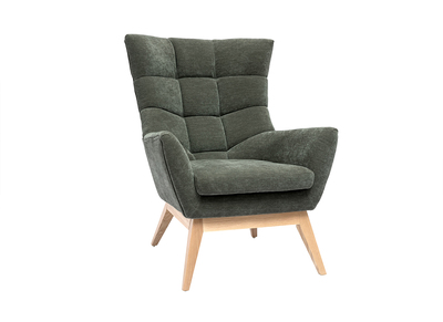 Fauteuil scandinave en tissu effet velours vert kaki et bois clair BRODY