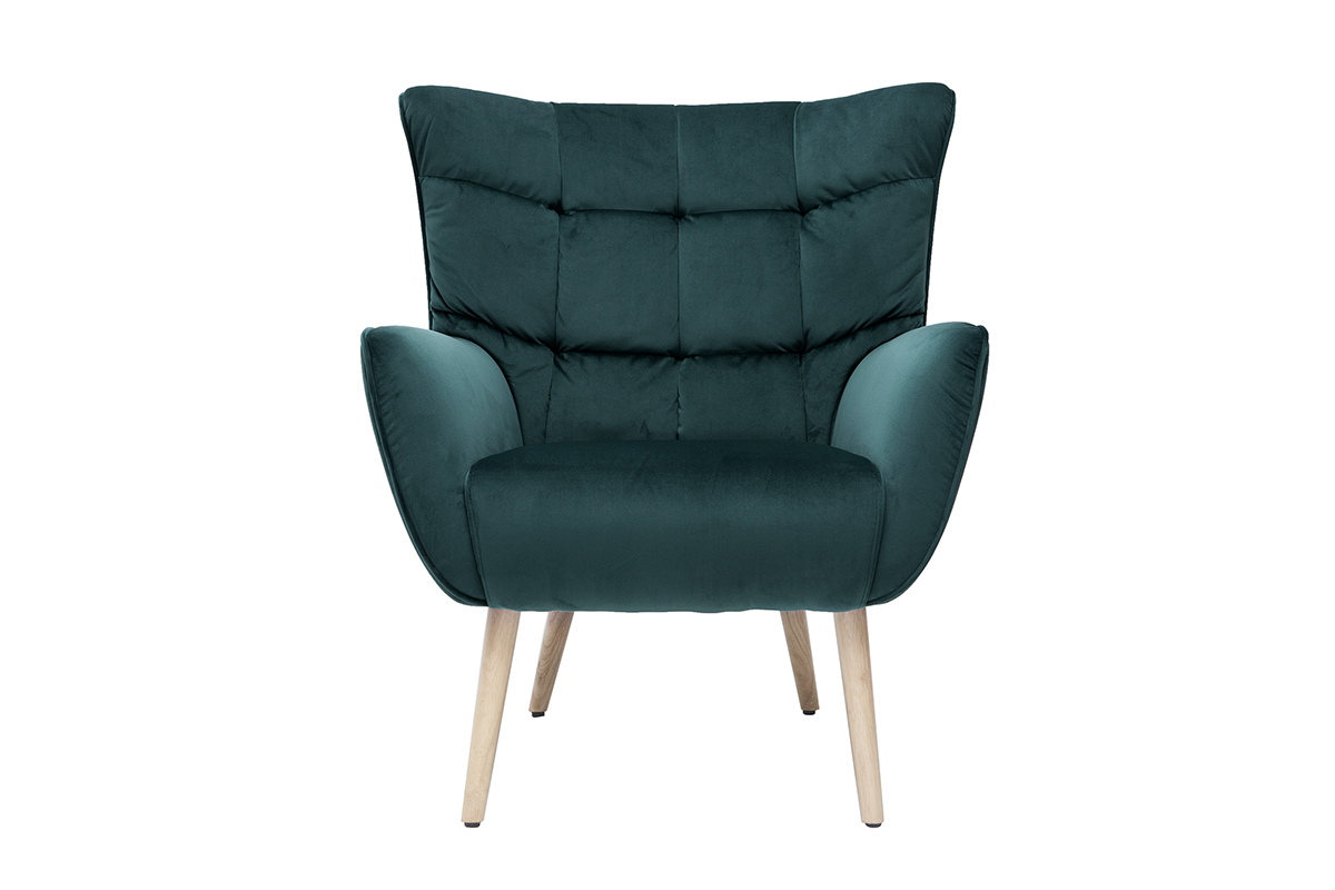 Fauteuil scandinave en tissu velours bleu p�trole et bois clair AVERY