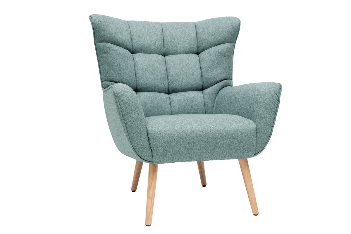 Fauteuil scandinave en tissu vert de gris et bois clair AVERY