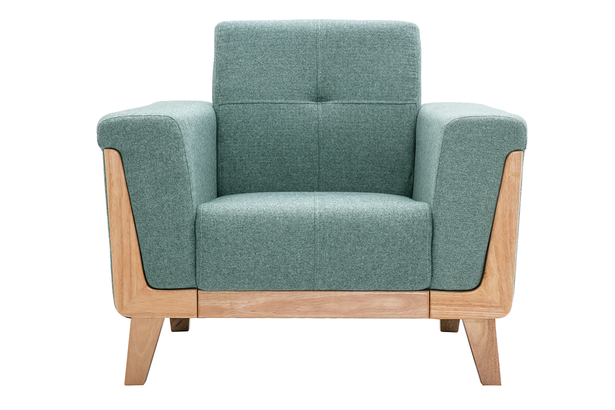 Fauteuil scandinave en tissu vert de gris et bois clair FJORD