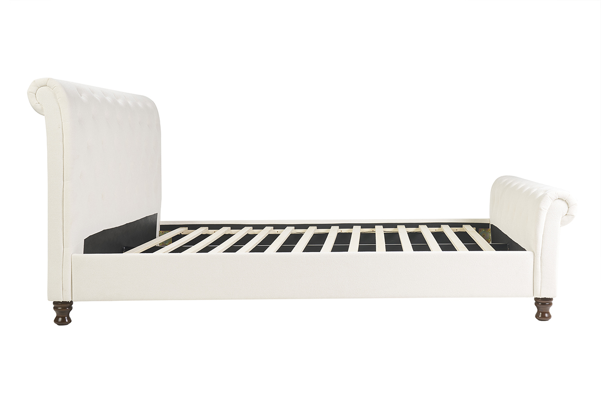 Lit 2 places 160x200 cm en tissu velours beige, vue de profil avec sommier � lattes.