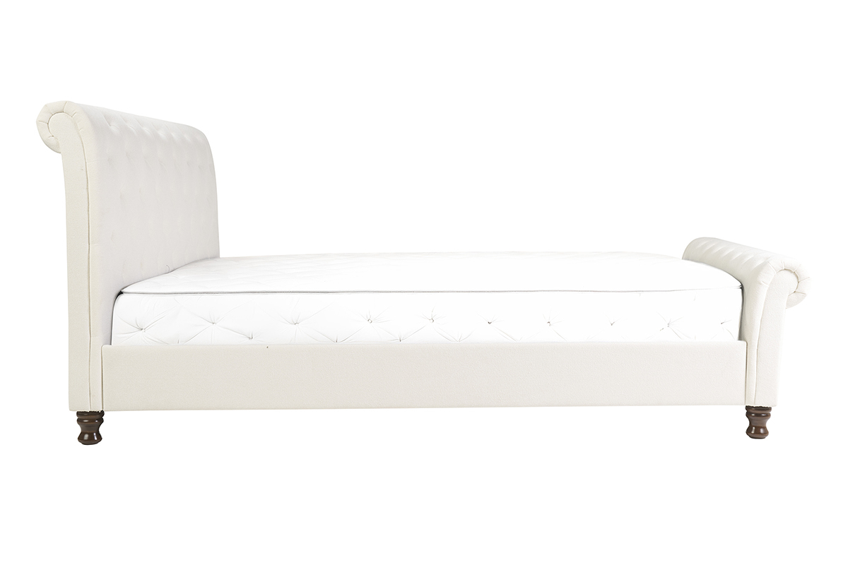 Lit 2 places 160x200 cm en velours beige capitonn�, vue de profil.