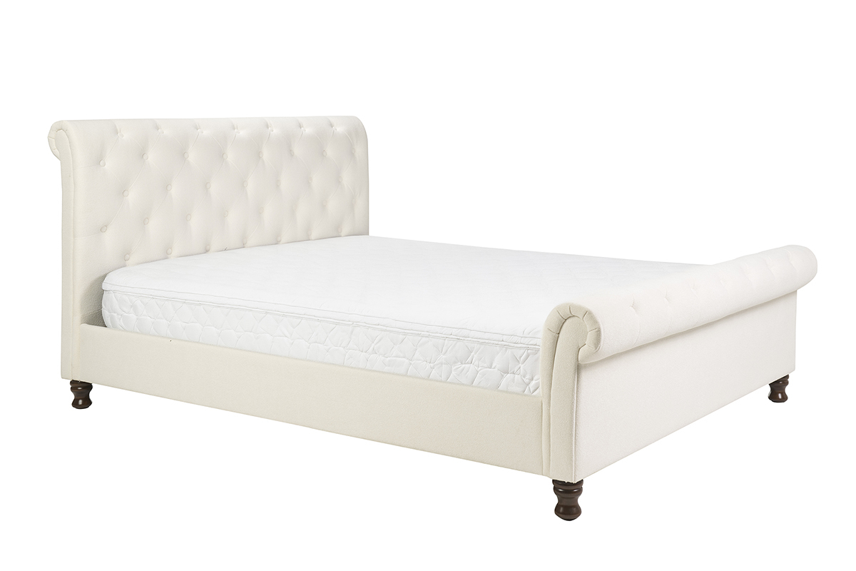 Lit 2 places 160x200 cm en tissu velours beige capitonn�, vue de 3/4.