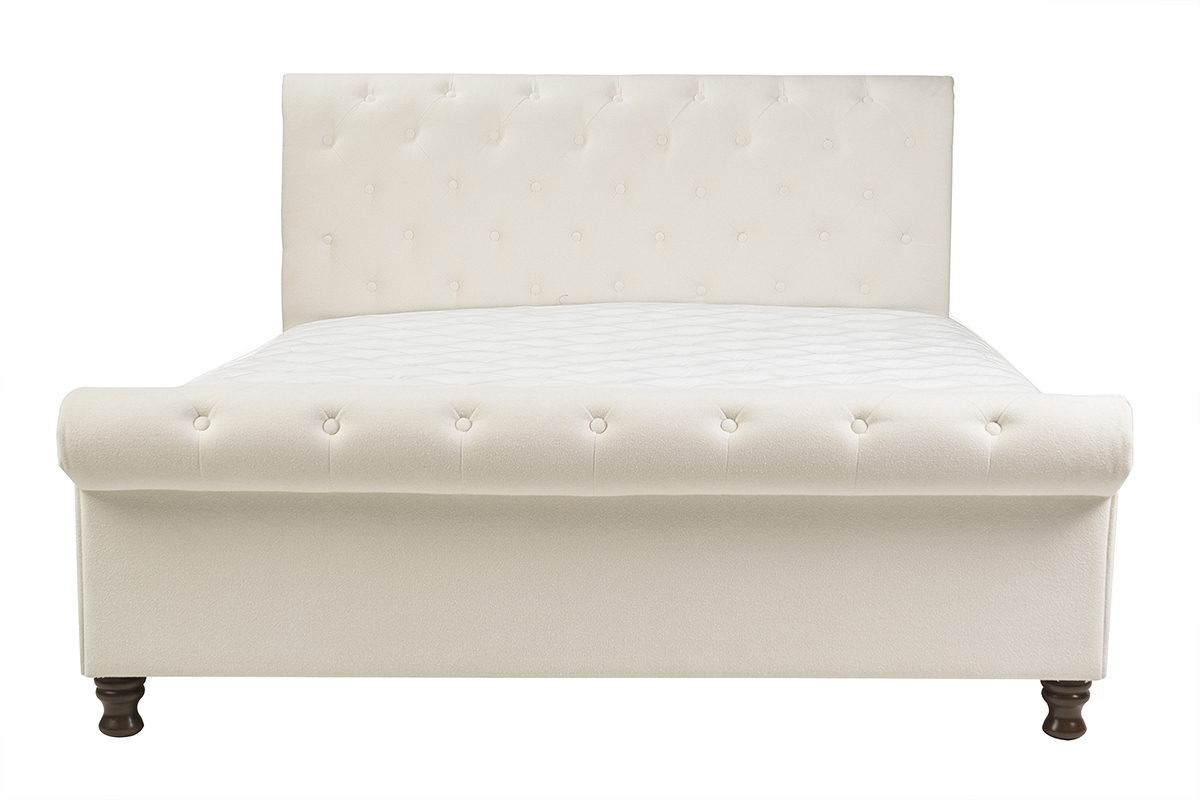 Lit 2 places 160x200 cm en tissu velours beige capitonn� RILEY, vue de face.