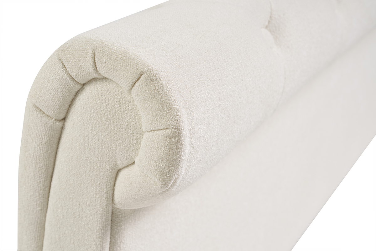 D�tail du lit 2 places RILEY en tissu velours beige, angle sup�rieur montrant le capitonnage