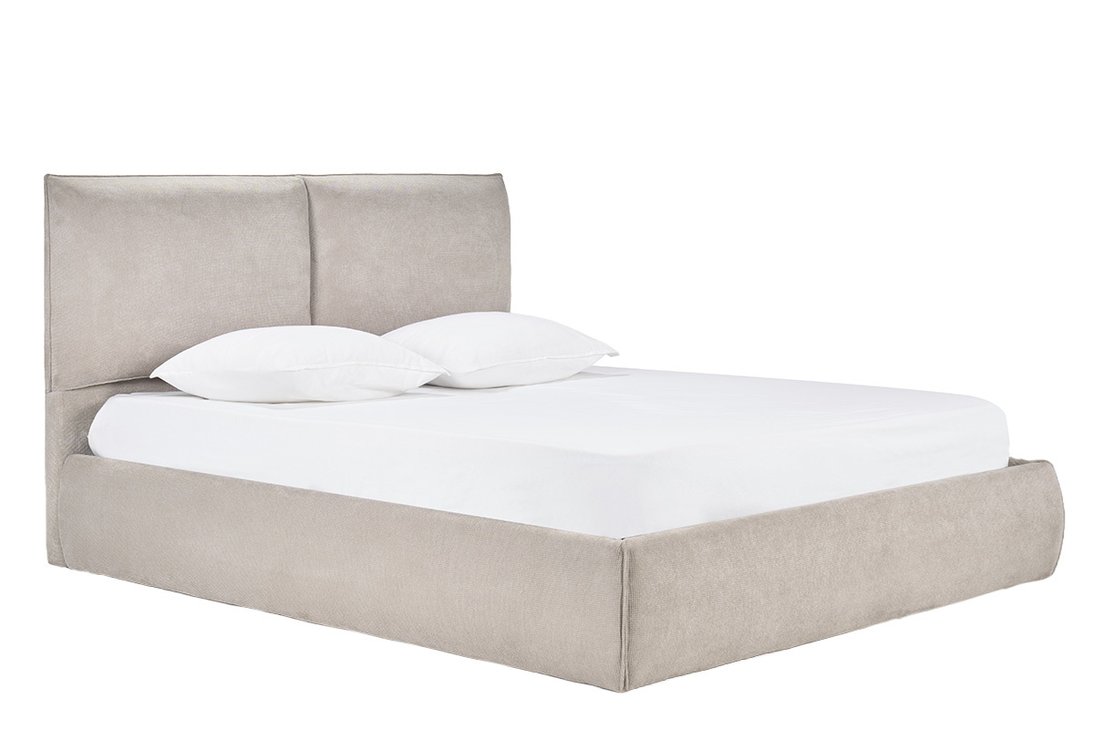 Lit coffre 2 places en tissu chenille beige avec t�te de lit, vue de 3/4.
