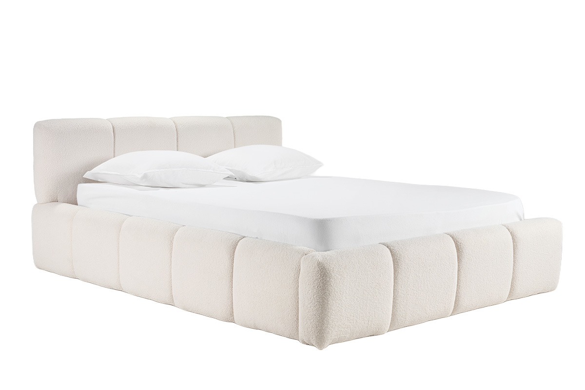 Lit coffre 2 places 160x200 cm en tissu laine boucl�e, vue 3/4.
