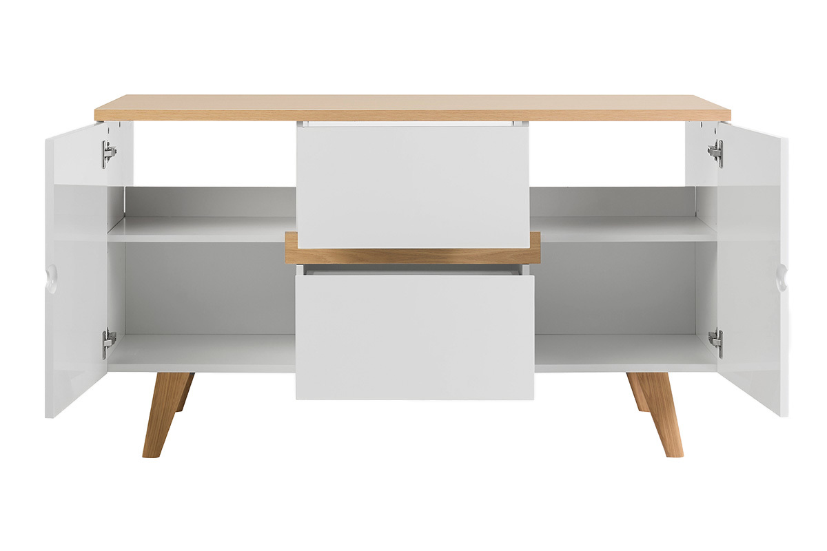 Meuble de salle de bain blanc laqu� brillant et finition bois clair L140 cm MELKA