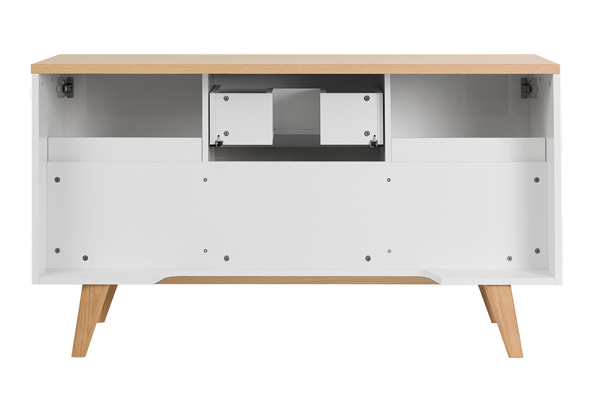 Meuble de salle de bain blanc laqu� brillant et finition bois clair L140 cm MELKA