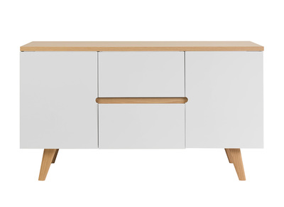 Meuble de salle de bain blanc laqu&eacute; brillant et finition bois clair L140 cm MELKA