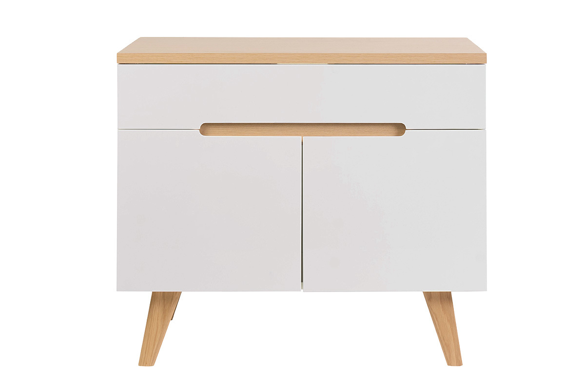 Meuble de salle de bain blanc laqu� brillant et finition bois clair L90 cm MELKA