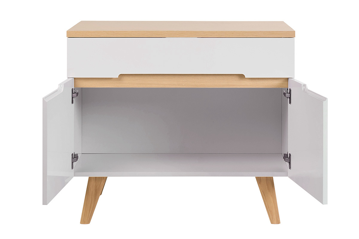 Meuble de salle de bain blanc laqu� brillant et finition bois clair L90 cm MELKA