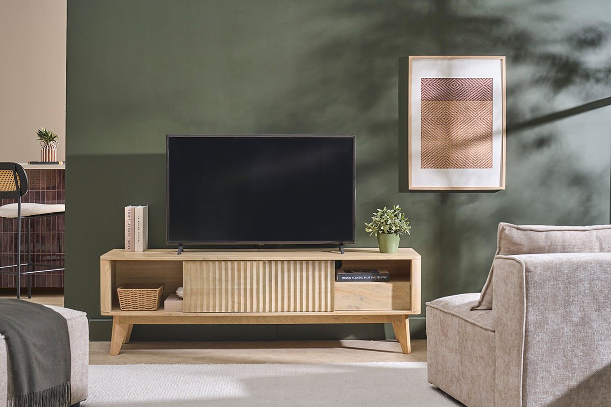 Meuble TV en bois clair manguier massif avec porte coulissante L160 cm ALDA