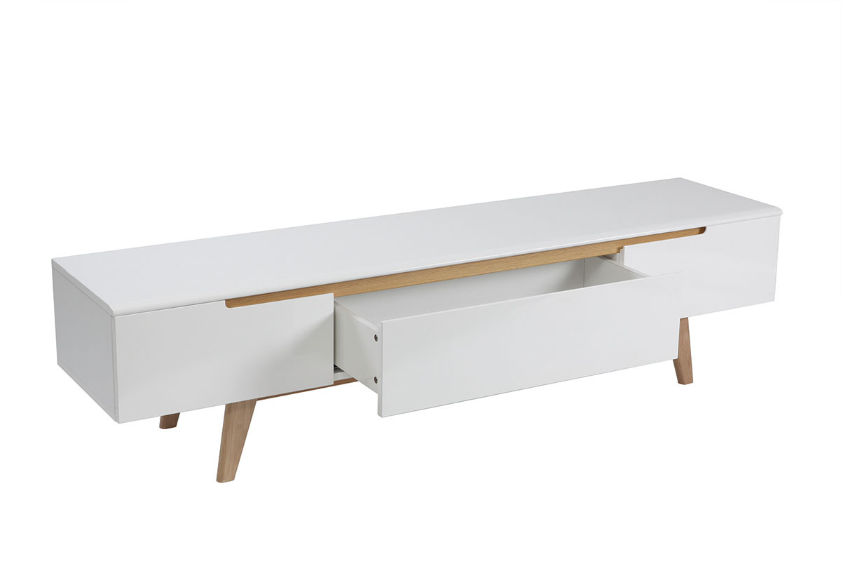 Meuble TV scandinave blanc laqu� brillant et bois L180 cm MELKA