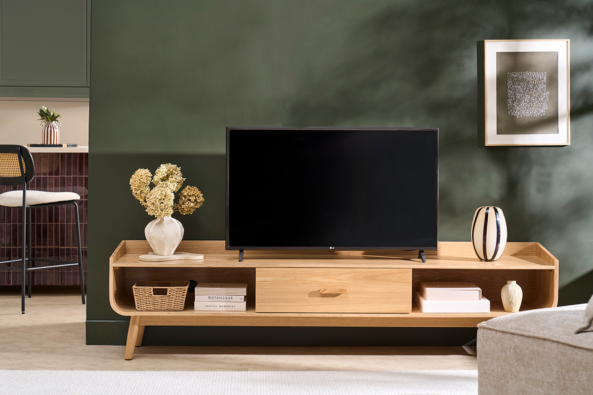 Meuble TV scandinave bois clair fr�ne L200 cm HALLEN