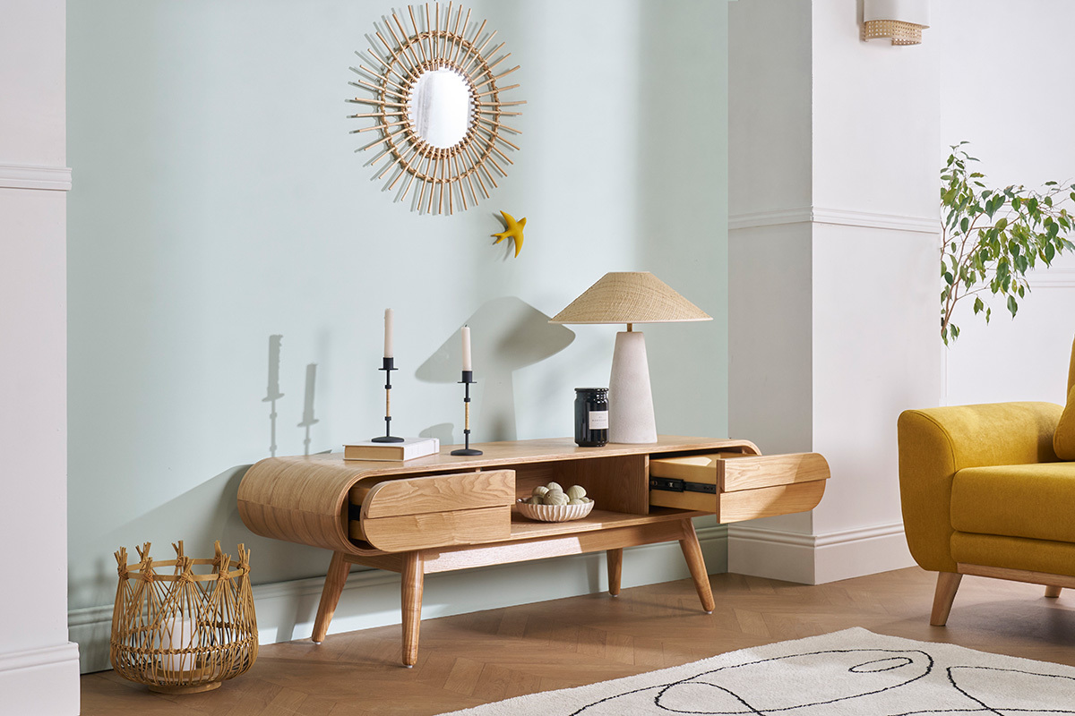 Meuble TV scandinave en bois clair 2 tiroirs L150 cm BALTIK
