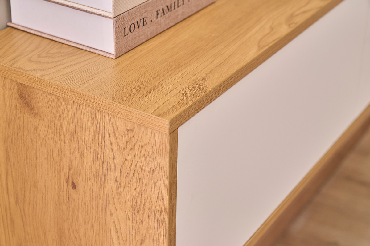 Meuble TV suspendu finition blanche et bois clair ch�ne L120 cm FLEXO